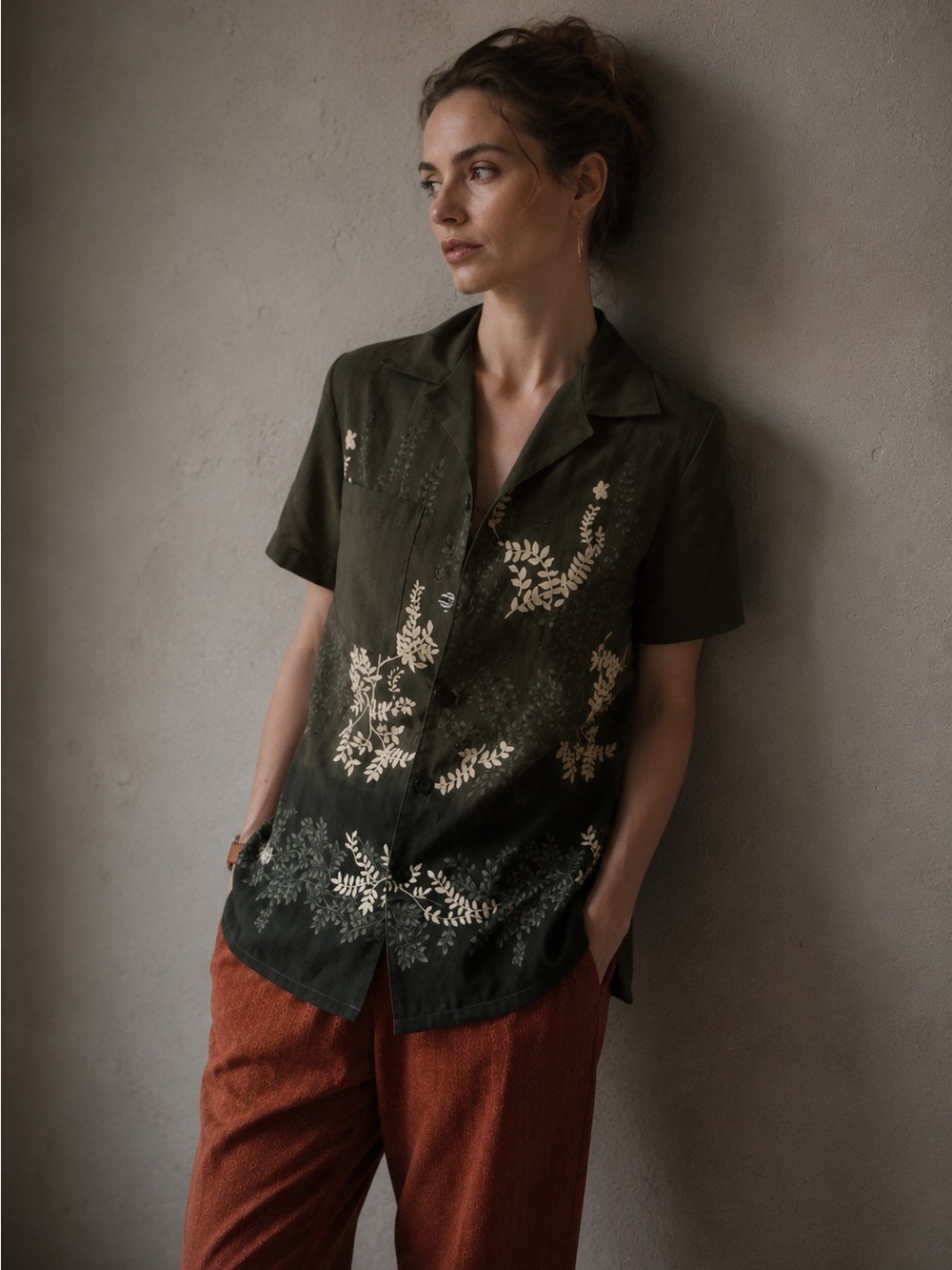 Vintage Sag Harbor Olive Green Floral Button Down Short Sleeve Blouse Size Small